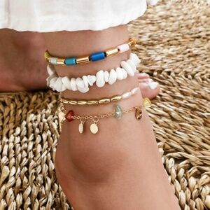 Caribbean Style 5 pcs Layered Disc Charm Stone Beads Anklet Set
